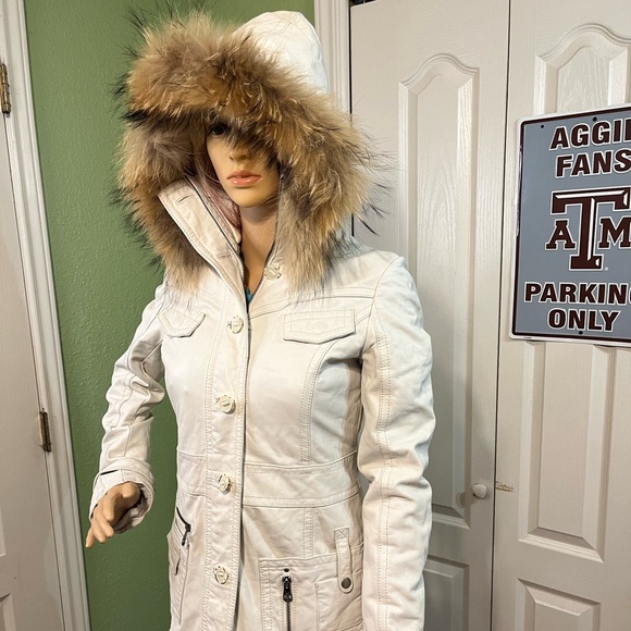 Miss Top Gun Long leather bomber jacket fur lined hooded pinup girl lined size s - Picture 3 of 12